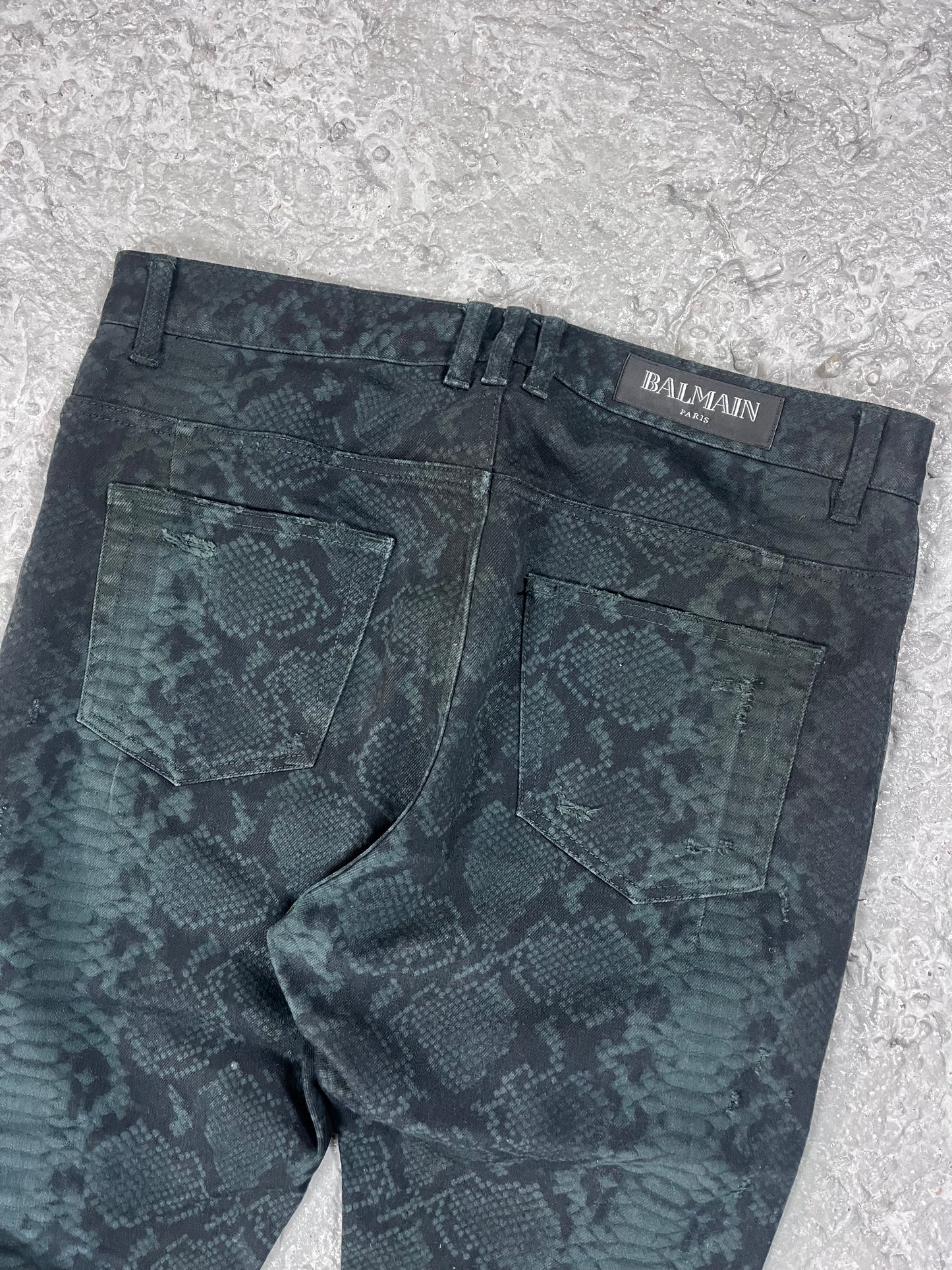FW17 Balmain green snakeskin denim