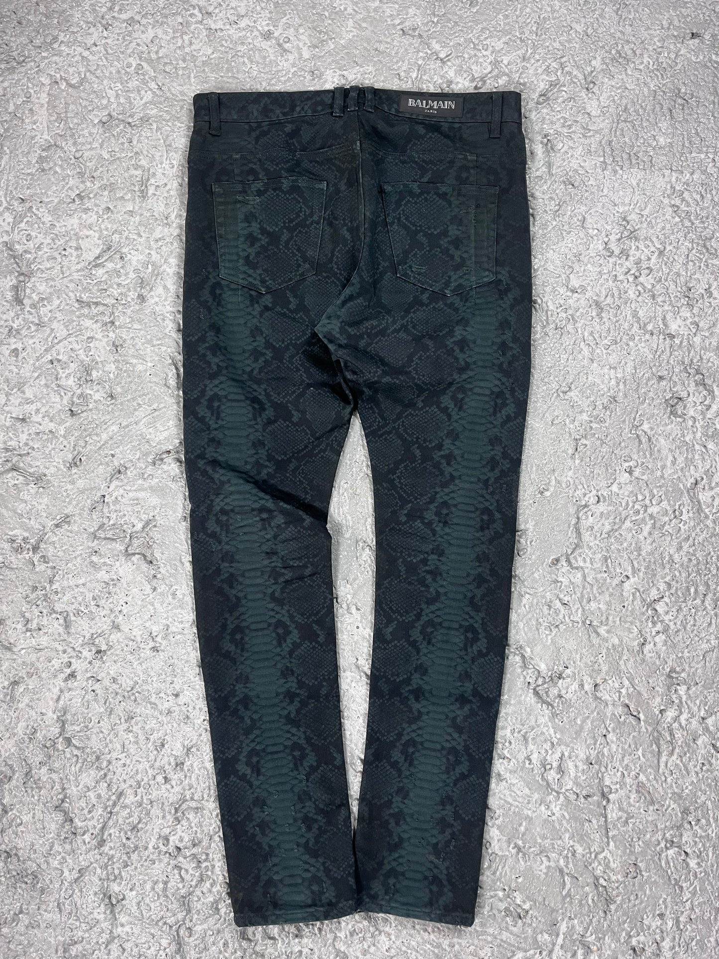 FW17 Balmain green snakeskin denim