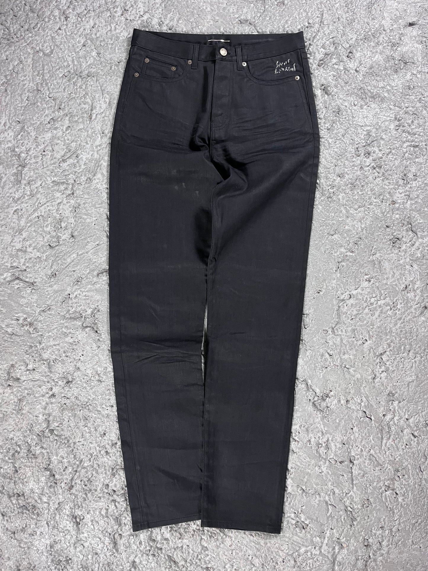 Saint Laurent stacked coated jeans FW17 runway sample