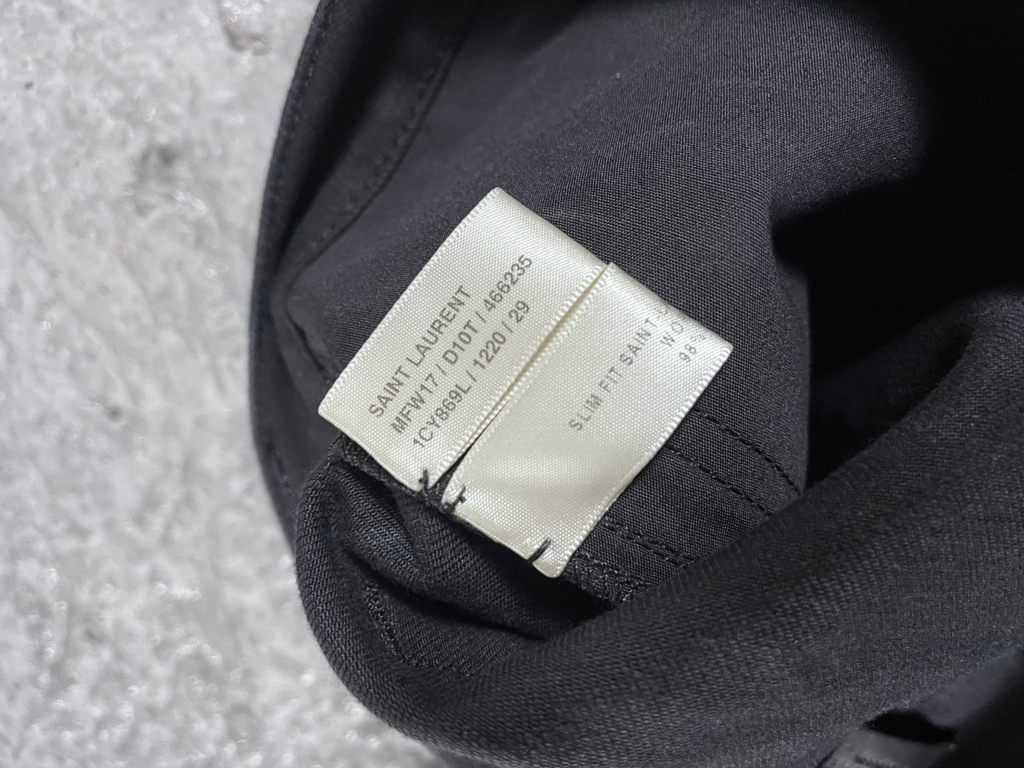 Saint Laurent stacked coated jeans FW17 runway sample